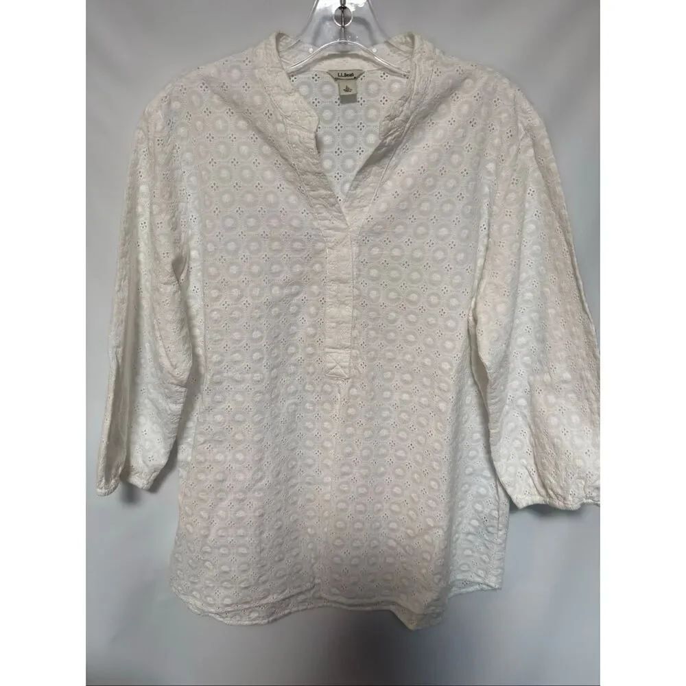 LL Bean white eyelet V-neck 3/4 elastic band sleeve tunic size large